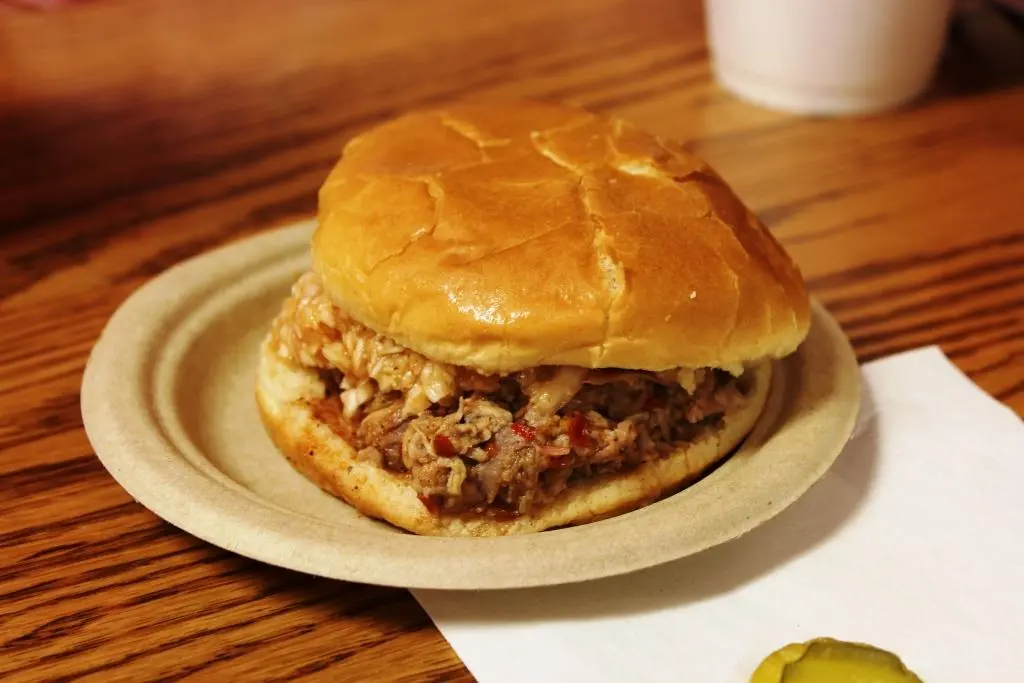Lexington Barbecue signature dishes Chopped Barbecue Plate, Sliced Barbecue Plate, Barbecue Sandwich, Red Slaw